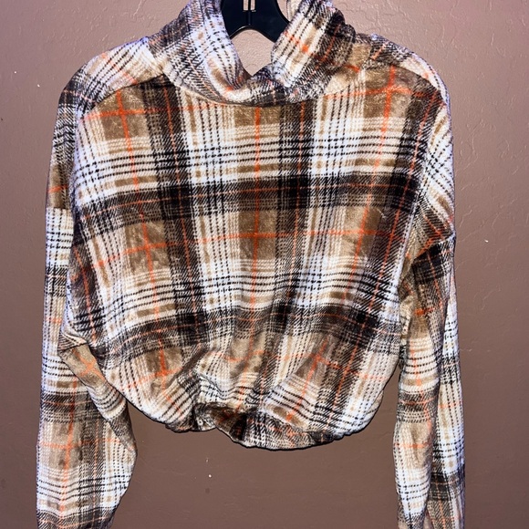 Half Zip plaid graphic drop shoulder crop teddy sweatshirt - Picture 2 of 4